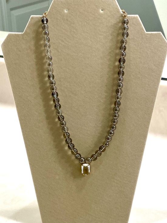 Rush By Denis & Charles Jewelry - Smokey Grey Beaded Necklace with Rectangular Clear Pendant